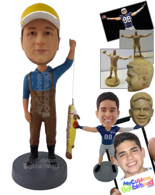 Fisherman Holding Fish with Hook Personalized Bobblehead