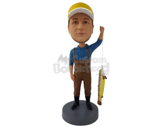 Custom Bobblehead Fisherman Holding Fish With Hook - Sports & Hobbies Fishing Personalized Bobblehead & Cake Topper