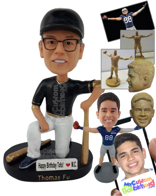 Baseball Player Kneeling on One Knee with Bat Personalized Bobblehead