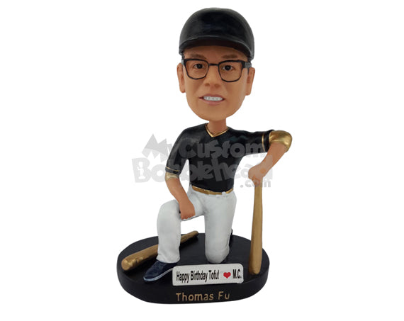 Baseball Player Kneeling on One Knee with Bat Personalized Bobblehead