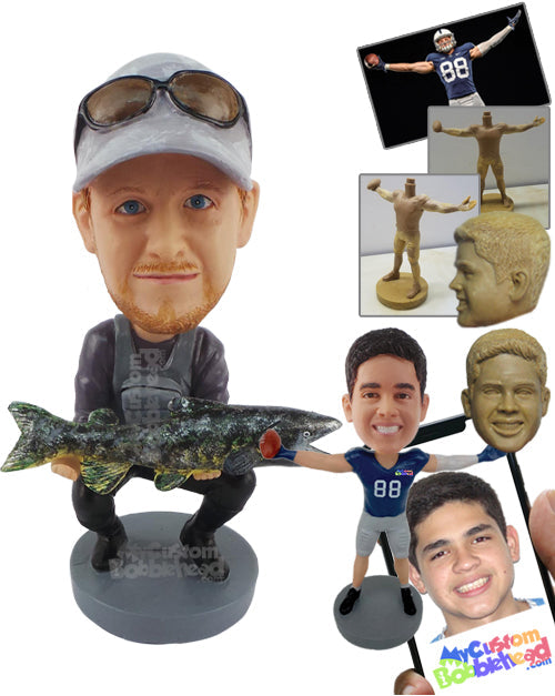 Fisherman Holding a Big Fish while Kneeling Personalized Bobblehead