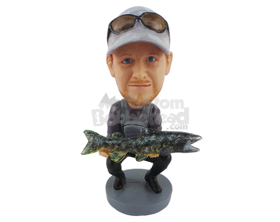 Custom Bobblehead Fisherman Holding A Big Fish While Kneeling - Sports & Hobbies Fishing Personalized Bobblehead & Cake Topper