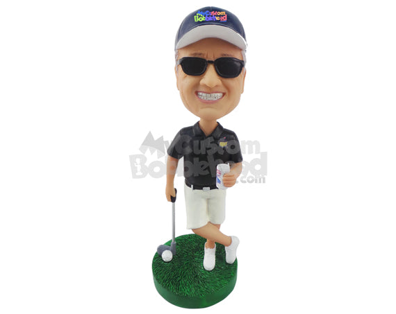 Golfer Relaxing on One Foot with Golf Stick Next to Him Personalized Bobblehead