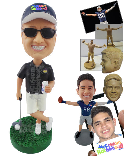 Golfer Relaxing on One Foot with Golf Stick Next to Him Personalized Bobblehead