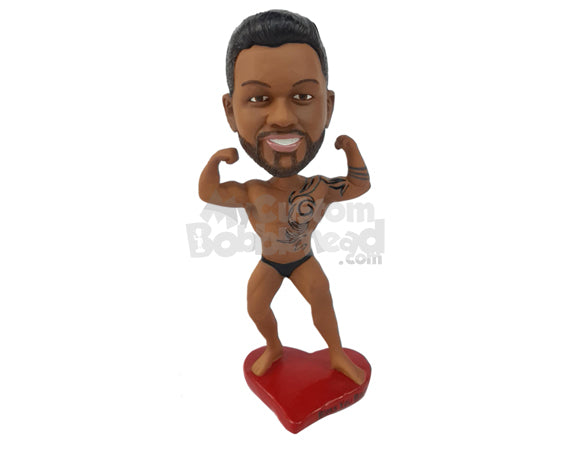 Custom Bobblehead Body Builder Showing Of His Muscles While Standing On A Heart - Sports & Hobbies Weight Lifting & Body Building Personalized Bobblehead & Cake Topper