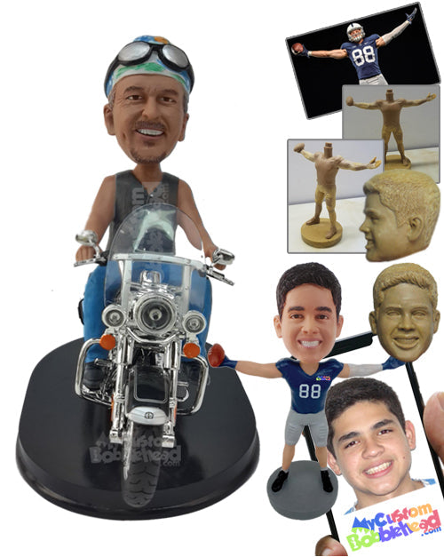 Biker Guy Riding His Bike with Cap On Top Personalized Bobblehead