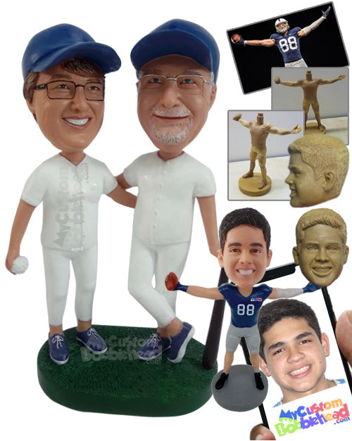 Two Baseball Players, One Leaning on Bat While Other Holding Ball in Hands Personalized Bobblehead