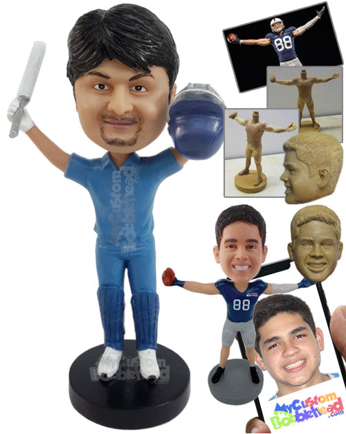 Cricketer Representing His Nation with a Bat and Helmet While Wearing Team Kit Personalized Bobblehead