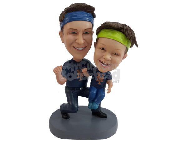 Custom Bobblehead Man Holding His Son Wearing Bandits - Sports & Hobbies Coaching & Refereeing Personalized Bobblehead & Cake Topper