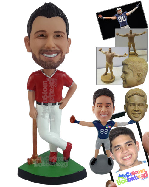 Cricket Player Leaning on Bat with Crossed Legs Personalized Bobblehead