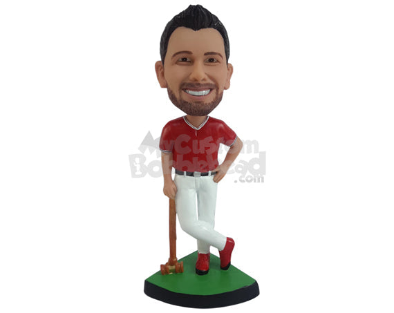 Cricket Player Leaning on Bat with Crossed Legs Personalized Bobblehead