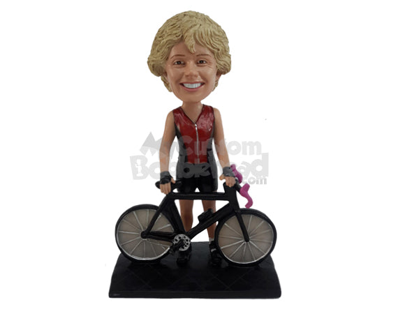 Custom Bobblehead Lady Cyclist Along With Her Cycle - Sports & Hobbies Cycling Personalized Bobblehead & Cake Topper