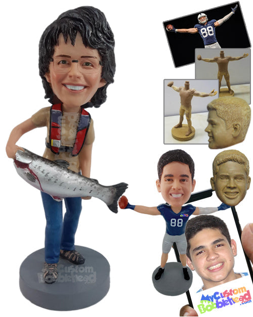 Happy Lady Catching a Nice Big Fish, Wearing a Vest Personalized Bobblehead