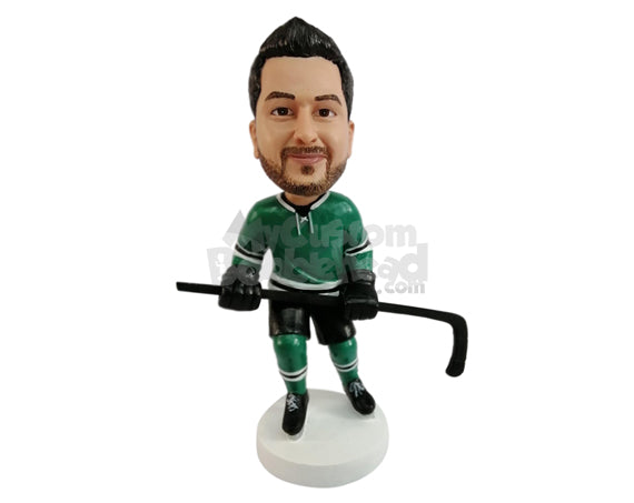 Hockey player wearing the team's jersey and holding his stick Personalized Bobblehead