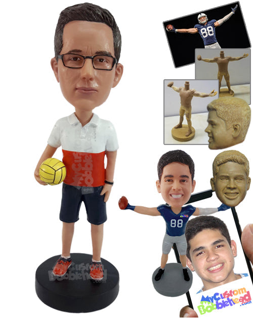 Volleybal coach holding a ball watch his team win eargerly Personalized Bobblehead