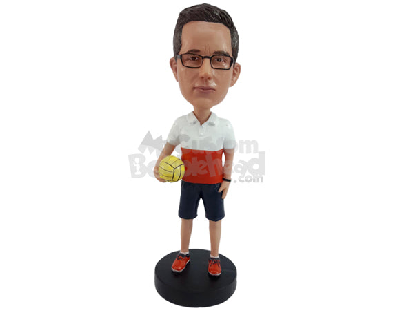 Volleybal coach holding a ball watch his team win eargerly Personalized Bobblehead