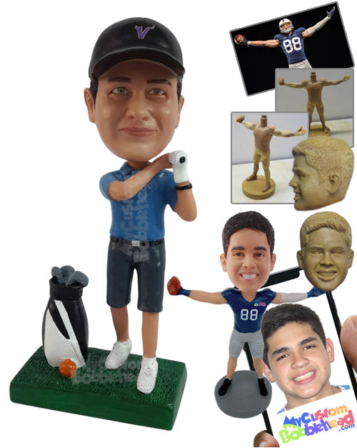 young golfer watching how he hits the hole in one wearing a polo shirt and shorts Personalized Bobblehead