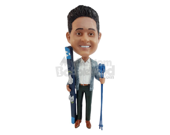 Custom Bobblehead Elegant male wearing luxurious jacket suit holding skis  - Sports & Hobbies Skiing & Skating Personalized Bobblehead & Action Figure