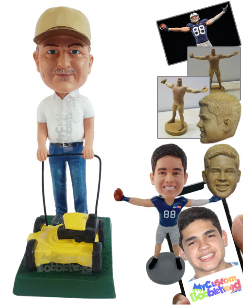 Professional lawn mower doing a perfect job, wearing long jeans and a tucked-in polo shirt Personalized Bobblehead