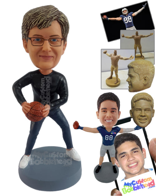 Male basketball aficionado showing some cool moves, wearing a long sleeve t-shirt Personalized Bobblehead