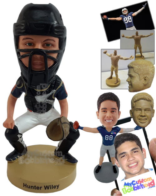 Baseball Catcher Wearing Jersey and Glove Personalized Bobblehead