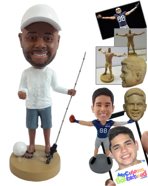 Happy Fisherman Holding His Fishing Pole and Having a Good Beer Personalized Bobblehead