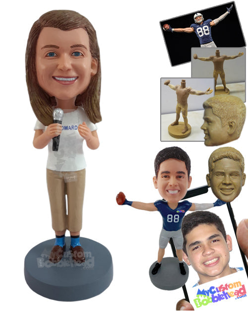 Happy Girl Presenting Herself to the Audience, Wearing T-shirt and Slacks, Holding a Mic Personalized Bobblehead