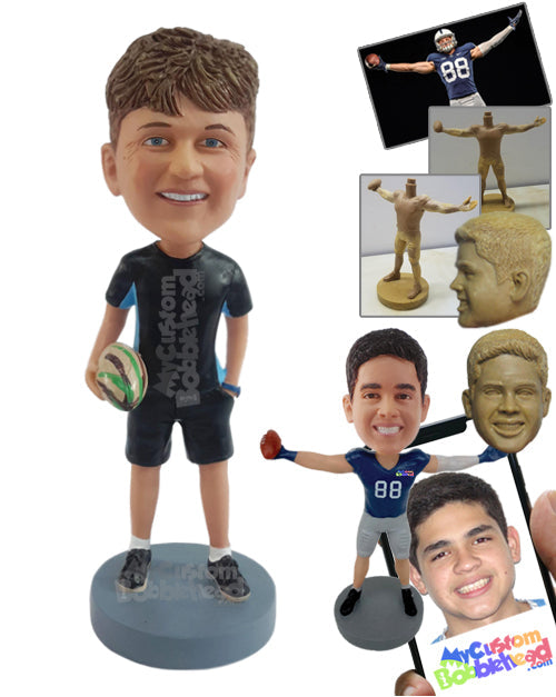 Rugby fan holding a ball, hand in shorts pocket Personalized Bobblehead