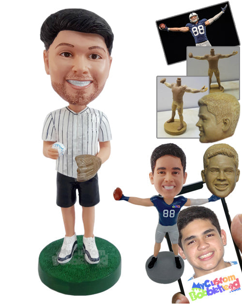 Good Guy Wearing Baseball Jersey and Shorts, Holding a Ball and Using Gloves Personalized Bobblehead