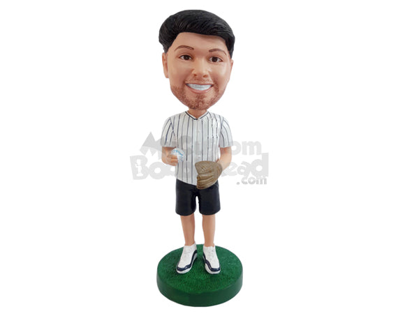 Good Guy Wearing Baseball Jersey and Shorts, Holding a Ball and Using Gloves Personalized Bobblehead