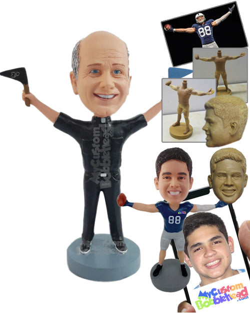 Priest football fan cheering with arms up, holding flags Personalized Bobblehead