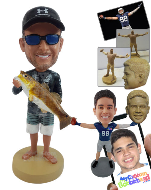 Cool Fisherman Wearing Nice Clothing and Shorts Holding Fish with Both Hands Personalized Bobblehead