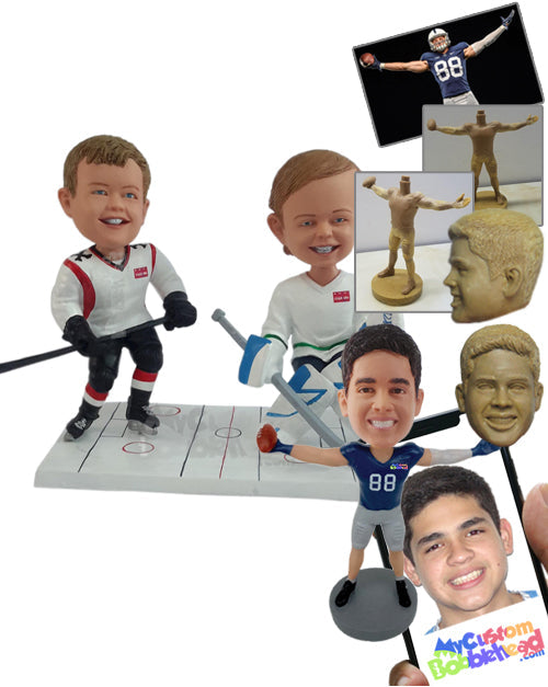 Siblings playing hockey together on the ice Personalized Bobblehead