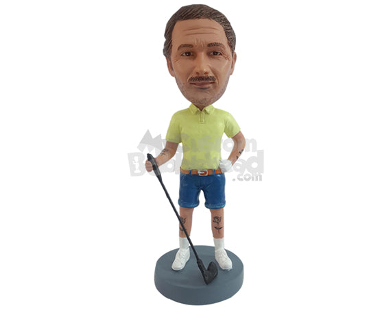 Custom Bobblehead Cool dude holding golf stick wearing polo shirt and jeans shorts - Sports & Hobbies Golfing Personalized Bobblehead & Action Figure