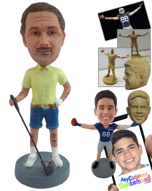 Cool Dude Holding Golf Stick Wearing Polo Shirt and Jeans Shorts Personalized Bobblehead