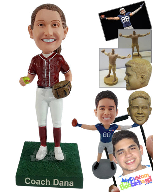 Happy Softball Player Holding the Ball, Ready to Start the Game Personalized Bobblehead