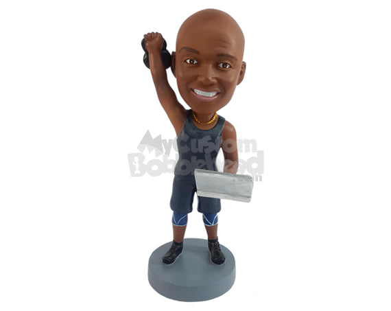 Personal trainer giving online classes through his laptop Personalized Bobblehead