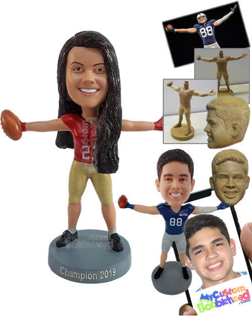 Female Tomboy Football Player with Arms Outstretched, Holding a Football Personalized Bobblehead