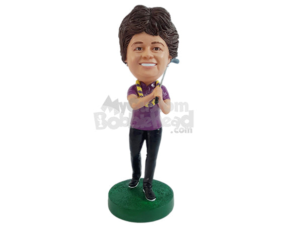 Custom Bobblehead Happy Female golfer wearng long pants and a flower ley - Sports & Hobbies Golfing Personalized Bobblehead & Action Figure