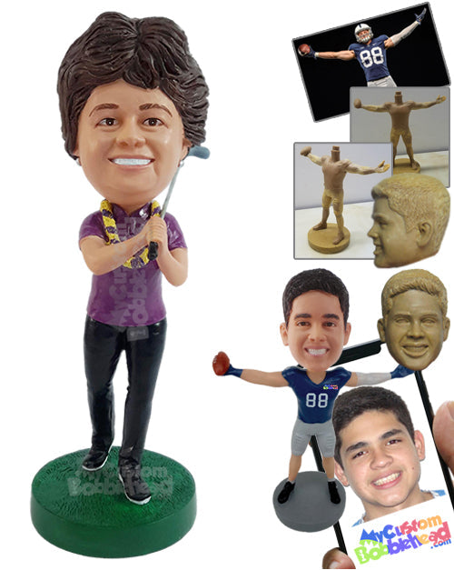 Happy Female Golfer Wearing Long Pants and a Flower Lei Personalized Bobblehead