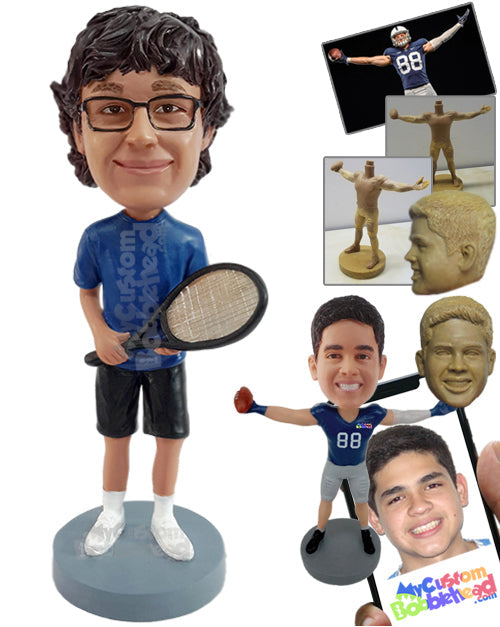 Sporty looking tennis player wearing a t-shirt and shorts Personalized Bobblehead