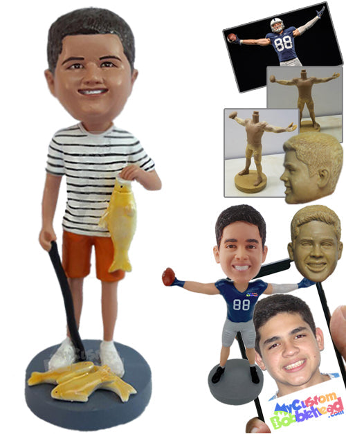 Skinny Kid catching a lot of fish with a stick Personalized Bobblehead