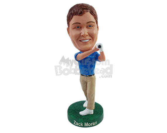 Custom Bobblehead Confident golfer wearing polo shirt and long pants hitting the ball faraway - Sports & Hobbies Golfing Personalized Bobblehead & Action Figure