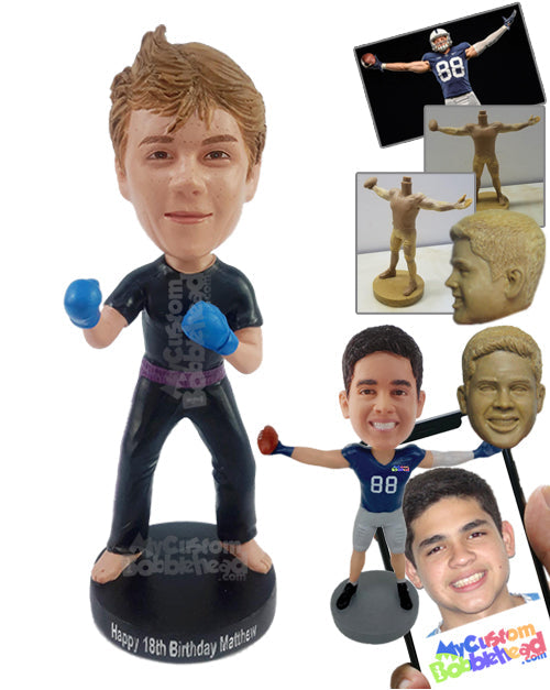 Pro kickboxing dude with fighting gloves, t-shirt, and sweatpants Personalized Bobblehead