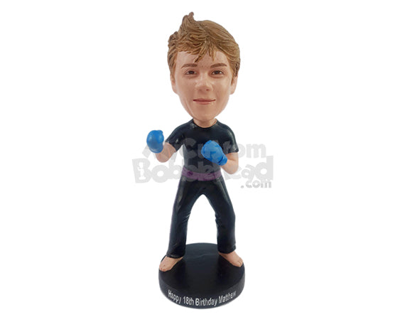 Pro kickboxing dude with fighting gloves, t-shirt, and sweatpants Personalized Bobblehead