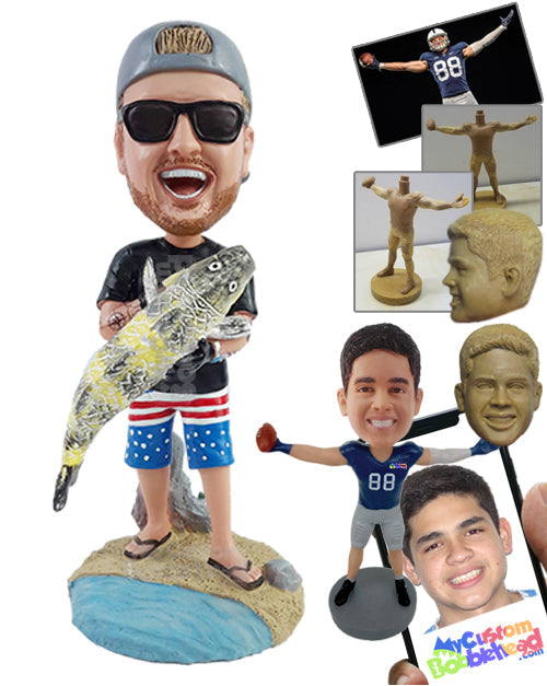 Cool Happy Fisherman Holding a Big Fish Wearing Nice Shorts and Sandals Personalized Bobblehead