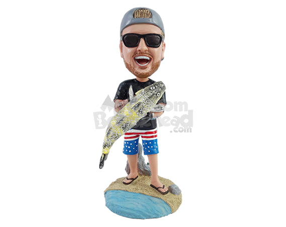 Cool Happy Fisherman Holding a Big Fish Wearing Nice Shorts and Sandals Personalized Bobblehead