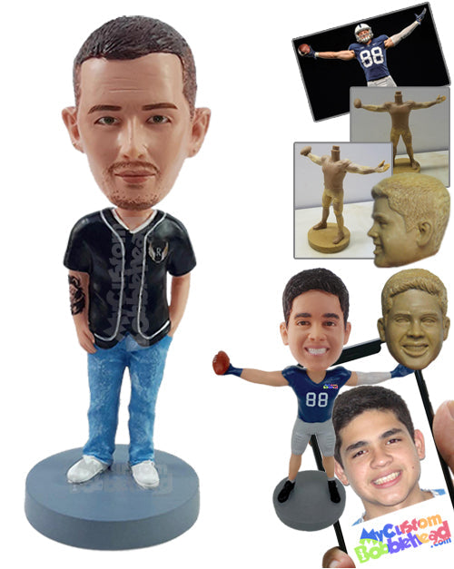 Casual Football Fan with Hand in Pocket Wearing a Jersey and Jeans Personalized Bobblehead