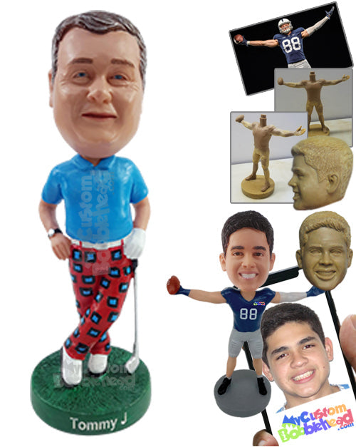 Funny Dude Wearing Extravagant Pants Ready to Play Golf Personalized Bobblehead