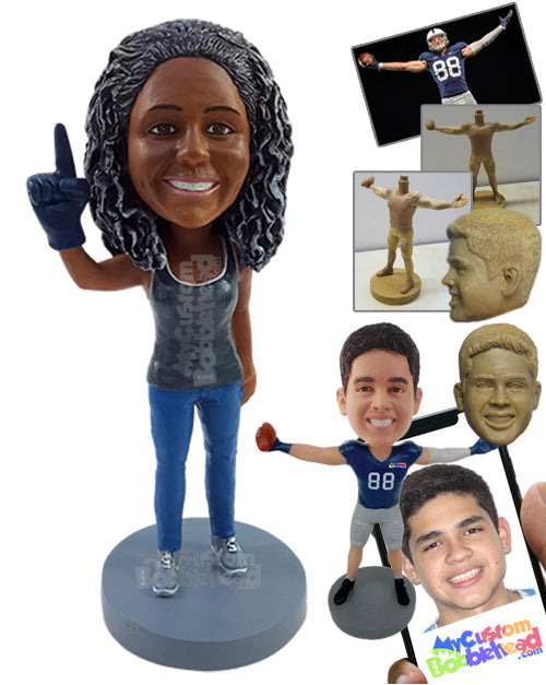 Female Football Fan Wearing Sleeveless Shirt with a Number One Finger Glove in One Hand Personalized Bobblehead